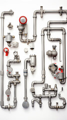 vertical background pipes and pipe connections isolated on white, abstract communications