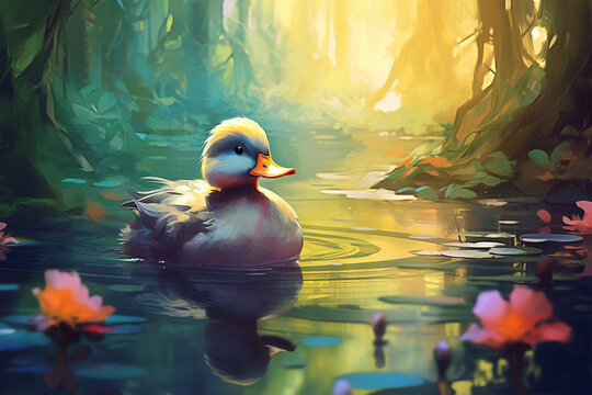 painting style landscape background, a duck in the forest