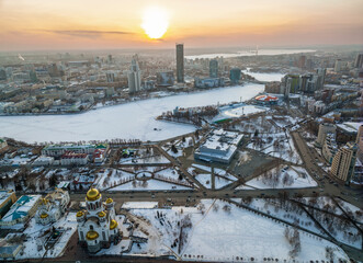 Winter Yekaterinburg and Temple on Blood in beautiful blue clear sunset. Aerial view of...