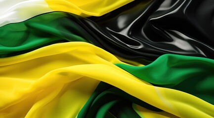 Dominica flag colors Green, Yellow, Black, and White flowing fabric liquid haze background