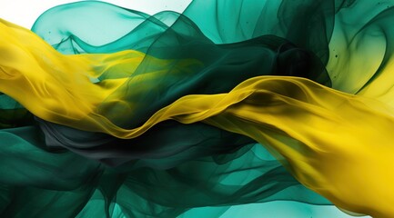 Tanzania flag colors Green, Yellow, Black, and Blue flowing fabric liquid haze background - obrazy, fototapety, plakaty