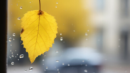 Obraz premium yellow wet leaf on an autumn window in the rain, a background with copy space, an abstract view from the window in October