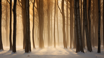Fototapeta premium winter landscape, view of the alley in the park in the morning fog at sunrise in the rays of the sun and blue, abstract winter nature background