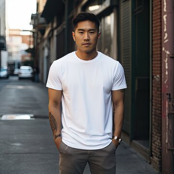 Asian man wearing a white full screen T-shirt