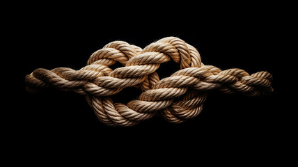 the gordian knot of rough rope is isolated on a black background