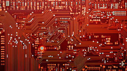 background red computer board chip, overheating computer processor energy, abstract generated form - obrazy, fototapety, plakaty