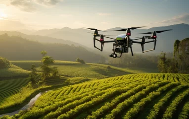 Fotobehang Drone in action over a tea field at sunrise © piai