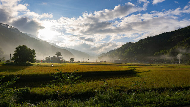 Sunset with fog over the rice fields in the highlands