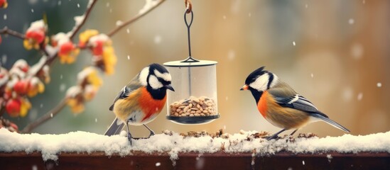 Winter bird feeding with adorable Great Tit and Bullfinch enjoying nutritious seeds from homemade wooden feeder. - obrazy, fototapety, plakaty