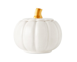 White ceramic pumpkin on a white background. Pumpkin-shaped candle front view.
