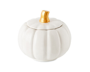 White ceramic pumpkin on a white background. Pumpkin-shaped candle.