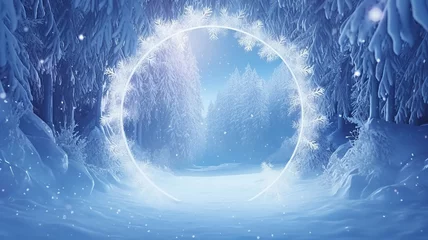 Fotobehang round ice frosty arch festive night evening, frame outside, presentation winter greeting card © kichigin19