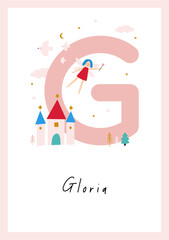 Cute Cartoon Magical Little Fairy in Magical World. Awesome Baby Name Print with Fairy, Birds, Cactle. Kids Name Poster for Toddlers, Nursery Room Decor in Flat Style. Letter - G
