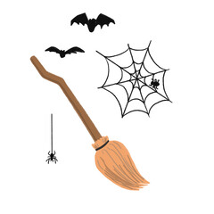 Illustration of a broom, spider web, and bat on Halloween