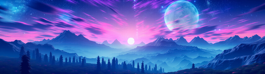 Sci fi landscape 1980s 90s synthwave vaporwave neon colors, pink and blue, moon and mountains, ultrawide panorama banner background - obrazy, fototapety, plakaty