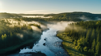 Aerial drone view of Beautiful spring morning over the forest and river.