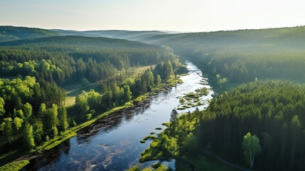 Obraz premium Aerial drone view of Beautiful spring morning over the forest and river.
