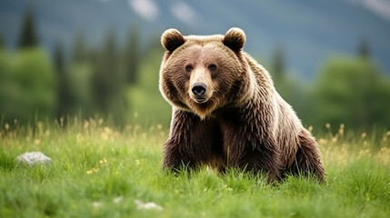 Obraz premium Wild brown bear on the grass field.