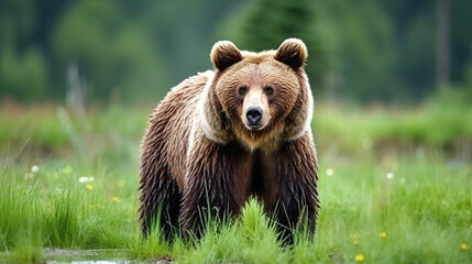 Obraz premium Wild brown bear on the grass field.