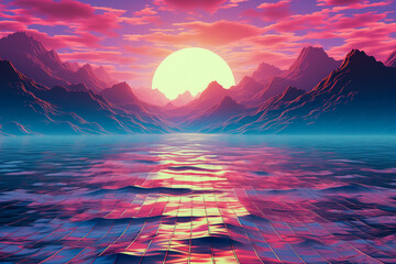 Digital retro computer graphics landscape, 1980s 1990s style, synthwave