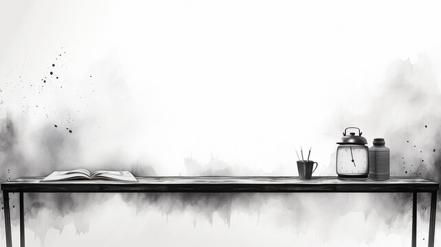monochrome black and white sketch table against a white wall poster back to school with an empty copy space