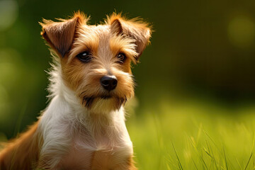 Portrait of terrier sitting outdoor with green background
