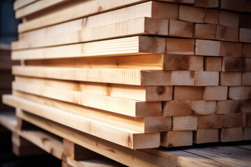 Stack of wooden planks at sawmill warehouse