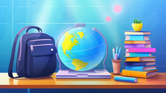 illustration, complex background global education, laptop and international learning system