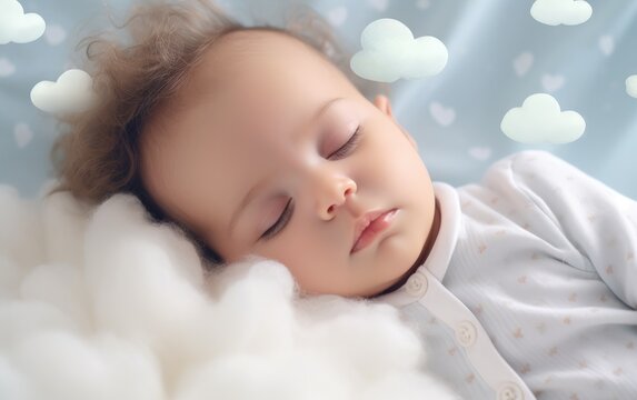 Beautiful baby is sleeping in clouds