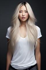 Naklejka premium Asian woman wearing a white full screen T-shirt
