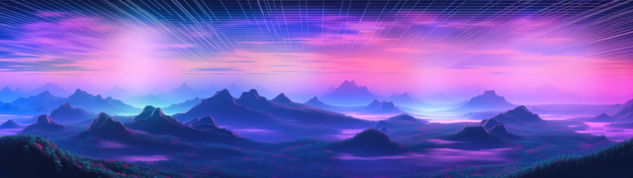 Neon computer graphics landscape with mountains, purple and blue, synthwave cyberpunk, ultrawide panorama banner background