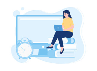 woman studying with laptop. Online education and learning concept flat illustration