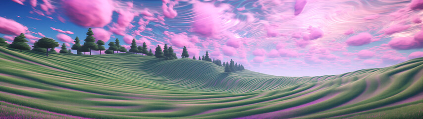Abstract 3d retro computer graphics liminal space nature landscape with green hills and pink clouds, ultrawide panorama banner background
