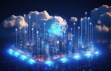 Cloud computing concept. Smart city wireless internet communication with cloud storage, cloud services. Download, upload data on server. - obrazy, fototapety, plakaty