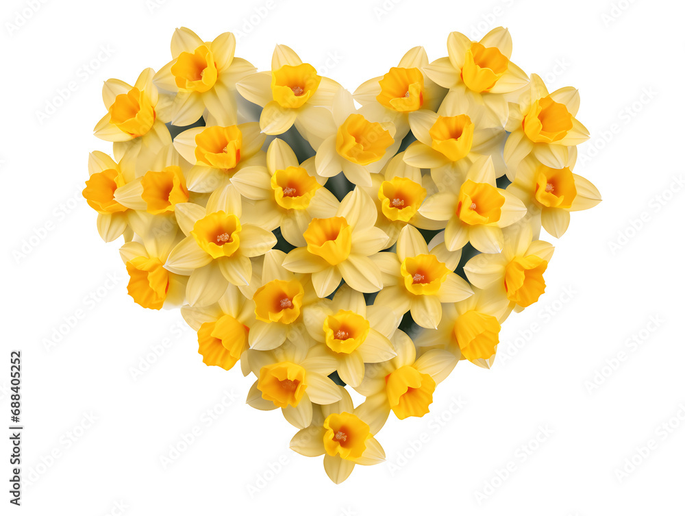 Sticker heart shape bouquet of yellow daffodils isolated on transparent background - design element png cuto