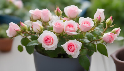 Pink roses in the pot.