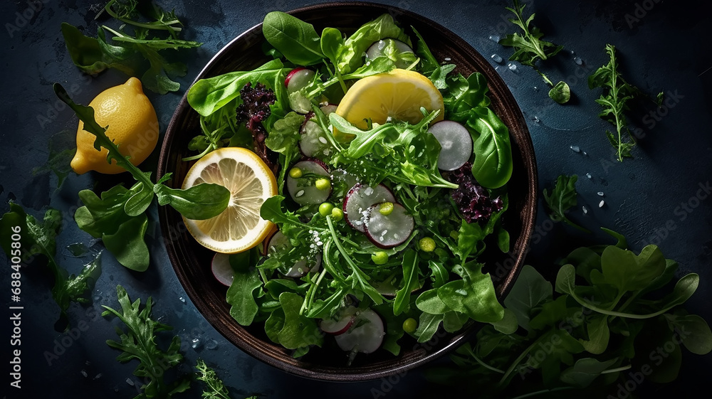 Wall mural green food balanced diet, plate with green salad top view.