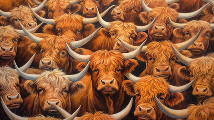 Obraz premium northern shaggy cows bulls texture background herd group of farm animals.
