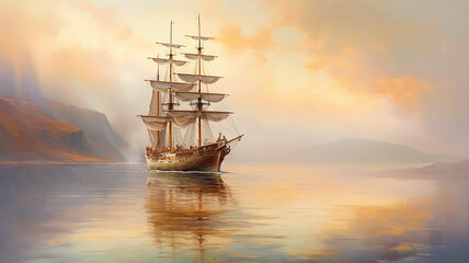 Obraz premium brigantine ship sailboat seascape drawing art.