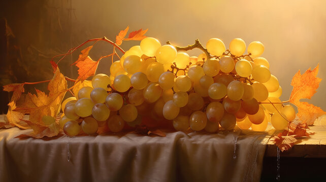 bunches of golden grapes at the winery in France golden ray of the sun.