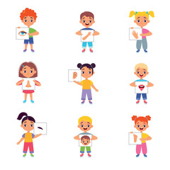 Little Kids Holding Cards with Body Parts Vector Illustration Set