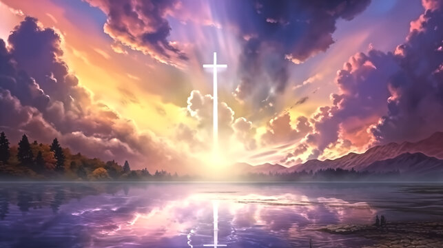 luminescent cross of jesus christ in the sky amoung the clouds