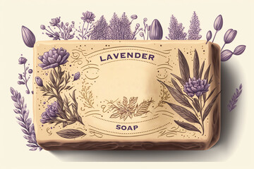 Hand made natural soap bar package label or sticker template.   sketch soap and lavender illustration. Bath and spa badge or banner layout and design elements - obrazy, fototapety, plakaty