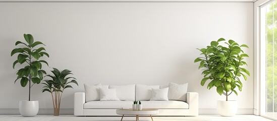 White modern living room with fresh green plants