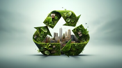 recycle symbol made of nature and grass with city - obrazy, fototapety, plakaty