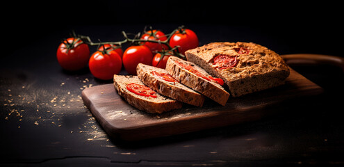 Spanish Pan con Tomate bread on a plate on wood background - obrazy, fototapety, plakaty