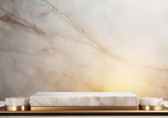 abstract modern minimal background with cobblestones on the wet floor. Trendy showcase with golden round frame and empty platform for product displaying