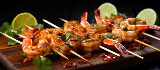 Skewered shrimp with lime and sauce.