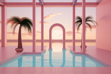 Fototapeta na wymiar Liminal space 1990s style 3d computer graphics render scene, pink and blue, pool with palm trees, empty background