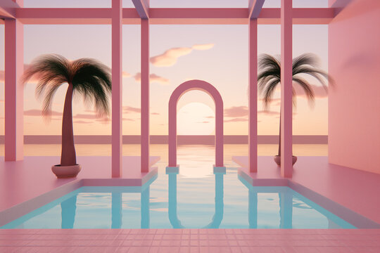 Liminal space 1990s style 3d computer graphics render scene, pink and blue, pool with palm trees, empty background